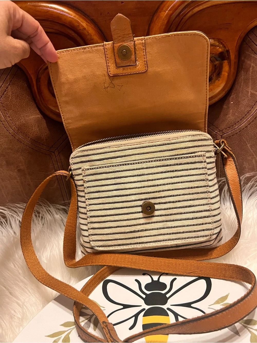 Fossil Tan & Cream Leather  with Striped Canvas Pocket crossbody bag